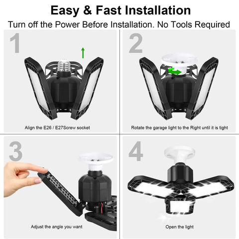 Installation steps for Ultra Bright LED Garage Light 45W 6500K Three Panel Fixture With Porcelain Lampholder, E27 Compatible