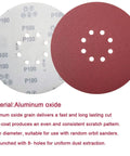 9 Inch Drywall Sanding Discs Set With Hook And Loop Backing, 8 Hole, Aluminum Oxide Abrasive, front and back view showing P100 grit mark.