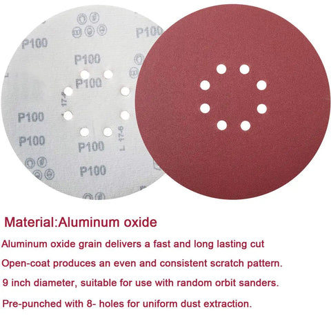 9 Inch Drywall Sanding Discs Set With Hook And Loop Backing, 8 Hole, Aluminum Oxide Abrasive, front and back view showing P100 grit mark.