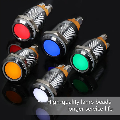 Multi Color 12mm Indicator Light Set With Waterproof IP67 Metal Housing, 12V AC DC LED Pilot Dash Lamps, Concave Head, High Brightness LEDs, Fits Cars Trucks Boats, Red Green Blue Yellow White, 5 Pack, 12mm metal body lights