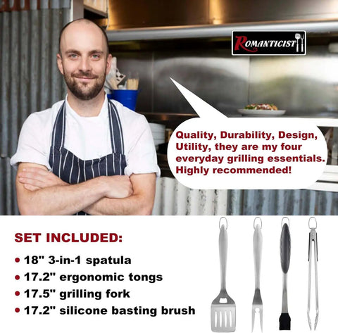 Heavy Duty Grill Tool Set For Serious Barbecues With Spatula Fork Tongs And Basting Brush Premium Stainless Construction display