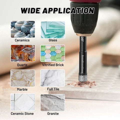 Dry Diamond Drill Bits Set For Tile And Stone, 8 Pc With Integrated Coolant For Fast Dry Drilling, Sizes 3/16, 1/4, 5/16, 3/8, 1/2 Inch, Porcelain Ceramic Marble Glass Granite, Separate Storage Case, Round Shank being used on tile with application examples.