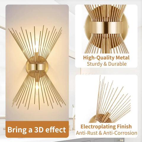 Dope Gold Sunburst Wall Sconce Two Light Fixture For Bathroom And Living Spaces, Mid Century Modern Vanity Lighting, Brass Wall Light