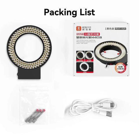 144 LED Ring Light For Microscope And Camera Lens With Four Zone Control Pro Grade Adjustable Brightness Secure Mount And Smooth Even Illumination For Macro Stereo Microscopy And Photography, black ring light, USB cable and screws