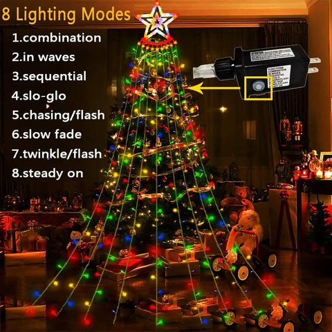 Stunning 12.6 Foot 350 LED Waterfall Christmas Lights with 8 Awesome Modes and Glowing Star Tops on Xmas tree indoors.