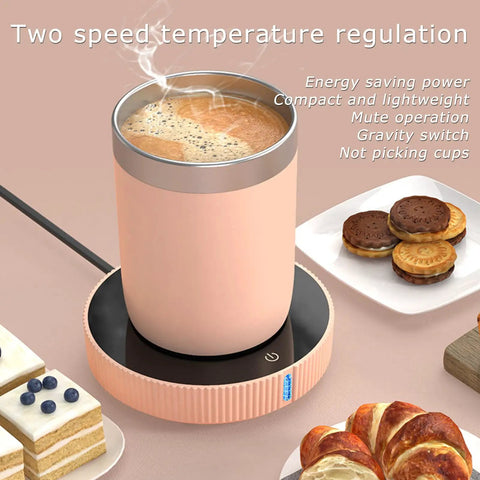 Dual Temp Smart Coffee Mug Warmer With Gravity Touch Sensor And Automatic Power Cut Locks In That Daily Heat Straight Up For Your Desk Featuring Quiet Operation Compact Flat Bottom Base with steaming coffee.