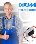 Man in blue overalls next to 24V 40VA Control Transformer For HVAC And Furnace With 24V Secondary Isolation Primary 120 208 240V Foot Mount Multi Tap For Relays Gas Valves And Control Circuits