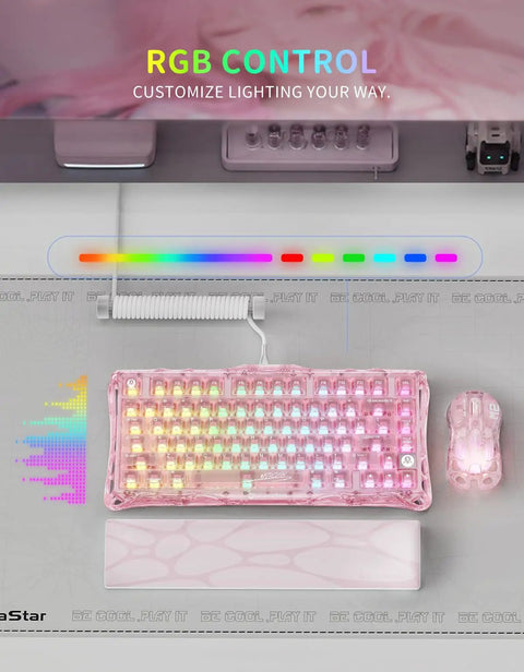 75 Percent Wireless Mechanical Gaming Keyboard With RGB Backlit Transparent PC Chassis Featuring Durable PBT Keycaps showcasing colorful RGB lighting.