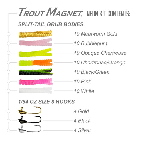Neon 82 Piece Fishing Kit With Grub Bodies And Hooks For Freshwater Angling, All In One Tackle Set That Outfish Anything