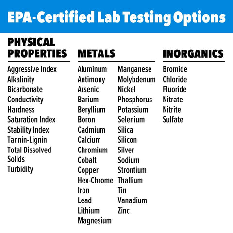 List of parameters tested by the Complete Drinking Water Test Kit For Tap Water And Well Water With DIY Screening For 14 Parameters And Optional Lab Analysis For Up To 48 Parameters From An EPA Certified Lab Made In The USA.