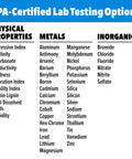 Image of EPA-Certified Lab Testing Options listing physical properties, metals, and inorganics for water safety.