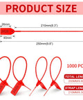 Image of 1000 Pack Plastic Tamper-Evident Security Seals With Self-Locking Pull-Tight Zip Ties, 2026 Numbered Red Tags For Fire Extinguishers, Disposable 250 mm Length showing dimensions and features.