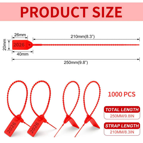 Image of 1000 Pack Plastic Tamper-Evident Security Seals With Self-Locking Pull-Tight Zip Ties, 2026 Numbered Red Tags For Fire Extinguishers, Disposable 250 mm Length showing dimensions and features.