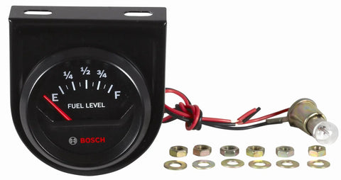 Style Line 2 Inch Fuel Level Gauge Electric Black Dial Face Black Bezel Backlit 12V Negative Ground Requires Fuel Level Sender SP0F000013 Includes Mounting Hardware Fits 2.0625 Inch Opening, front view with sender and hardware