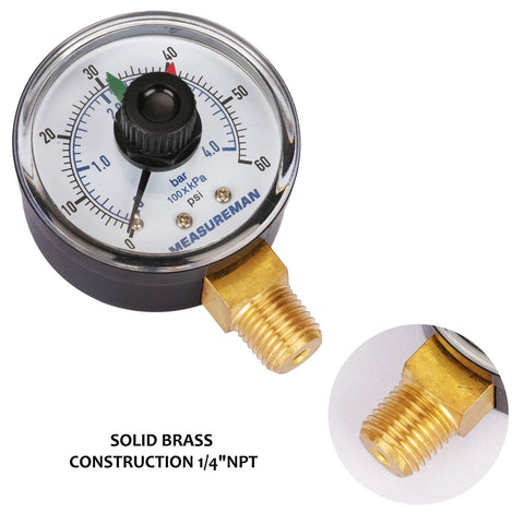 Front view of MeasureMan pressure gauge with dial, chrome bezel and brass 1/4 in NPT bottom fitting