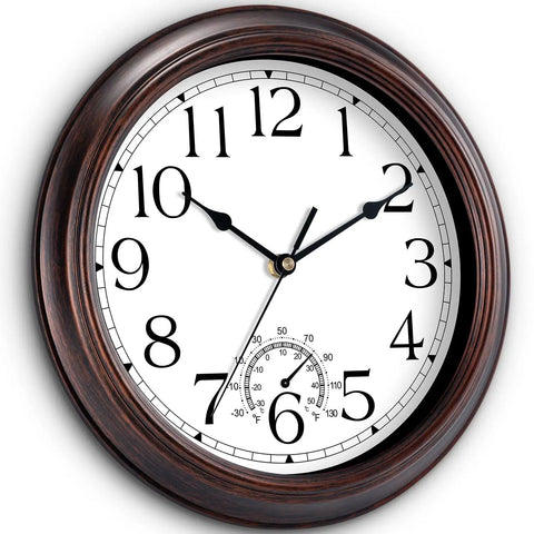 Vintage Bronze 8.5 Inch Outdoor Wall Clock With Thermometer Silent Battery Operated Retro Vibes Non Tick Clock For Living Room Patio Kitchen Office Bathroom Bedroom Decor, front view