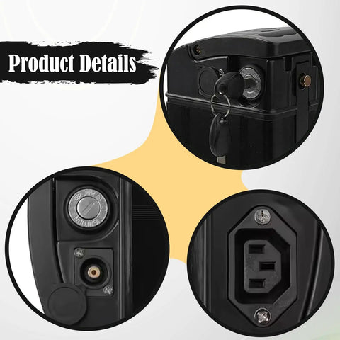 Close-up of Heavy Duty 48v Electric Bike Battery Box With Large Capacity Housing Case For Ebike showing locks and charging ports.