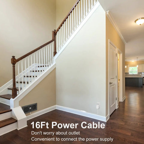 Indoor setting with stairs showcasing Quiet Register Booster Fan For Home HVAC, 4x10 Inch, Grey, 120 CFM, 4 Speeds, remote-controlled fan.