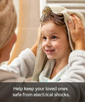 Child drying hair with towel, showcasing safety awareness for electrical shocks near water, related to Built Tough 20 Pack Gfci Outlets 15 Amp Self Test Tamper Resistant Led Indicator Light White Plug Smart Setup To Cut The Cord On Shock Risks And Annoying Trip Malfunctions.