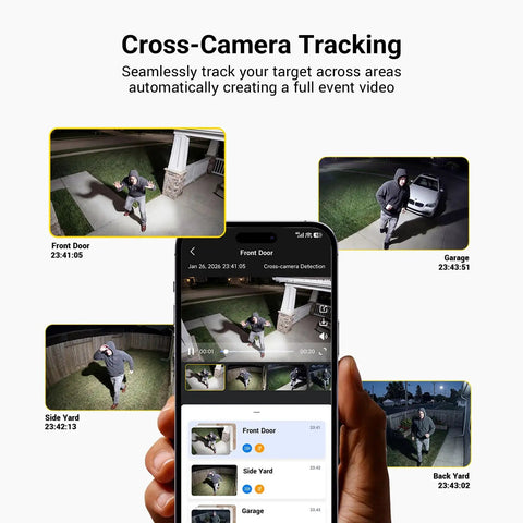 App interface showing Plug And Play Wireless Outdoor Home Security Camera System 4 Camera Kit With Solar Power tracking features.