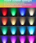 Eight Pack RGBW Low Voltage Landscape Well Lights 12W Waterproof In Ground Pathway Garden Yard Fence Deck Dimmable 12-24V With Connectors And Remote Control For Color Changing Ambience displaying 16 colors