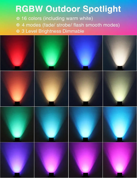 Eight Pack RGBW Low Voltage Landscape Well Lights 12W Waterproof In Ground Pathway Garden Yard Fence Deck Dimmable 12-24V With Connectors And Remote Control For Color Changing Ambience displaying 16 colors