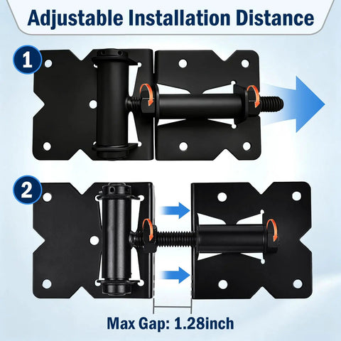 Heavy Duty Self-Closing Gate Hinges For Wooden And PVC Fences, Adjustable Spring Tension, Self-Closing Gate Hardware Kit, Black Finish, 2-Pack For Garden Gates And Fences, max gap 1.28 in