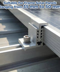 Close-up of Eight Piece 35 To 50mm Adjustable Solar Panel End Clamp Mounting Brackets Kit on solar frame.