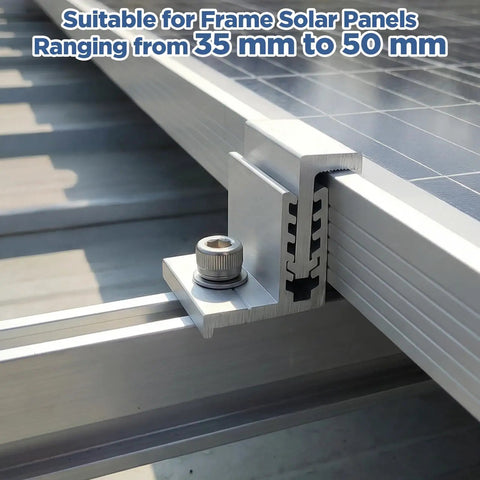 Close-up of Eight Piece 35 To 50mm Adjustable Solar Panel End Clamp Mounting Brackets Kit on solar frame.