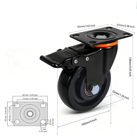 Built Tough 4 Inch Industrial Swivel Caster Wheels With Slam Lock Brakes Set Of 4, dimensions shown for heavy duty use.