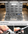Open storage case displaying Tap And Die Set With Storage Case For Quick Threading And Rethreading Internal And External Threads Metric And SAE M3 To M12 40 Piece Pro Grade Tool Kit For Easy Repairs And Removing Broken Screws.