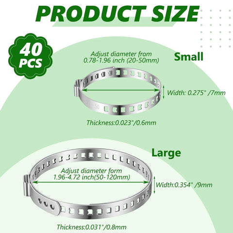 Universal Dope 40 Piece CV Boot Clamp Kit In 304 Stainless Steel With 20 Small And 20 Large Adjustable Crimp Clamps For Axle CV Joint Boots Perfect For Auto Repair And DIY Projects, showing product sizes of small and large clamps.