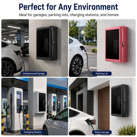 Heavy Duty EV Charger Enclosure Lockable Wall Mount Charging Station Combo Key Lock Security Weatherproof Housing For Electric Vehicle Plug Protection And Spacious Garage Grade Secure Stash Setup in various settings.