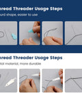 Instructional image showing steps to use threaders from the Complete Sewing Kit For Adults With Steel Needles And 40-Piece Set.