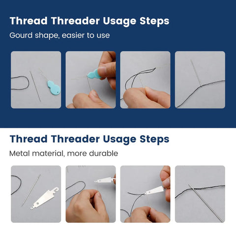 Instructional image showing steps to use threaders from the Complete Sewing Kit For Adults With Steel Needles And 40-Piece Set.