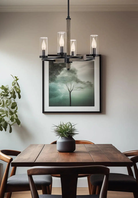 Alden 18 Inch 4 Light Modern Farmhouse Chandelier With Clear Cylinder Glass Shades Gray Oak Wood Finish And Black Accents