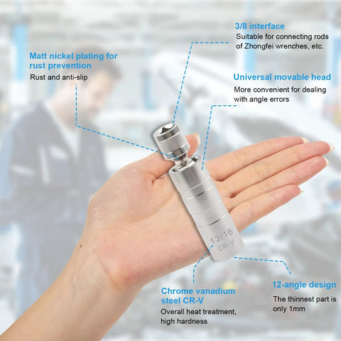 Thin Walled Magnetic Spark Plug Socket Set With Rotating 12 Point 13 16 Inch Size Three Eighth Inch Drive Universal Joint Swivel Tool For Fast Grab And Go Spark Plug Removal And Auto Maintenance in hand showing detailed design and features including chrome vanadium steel.