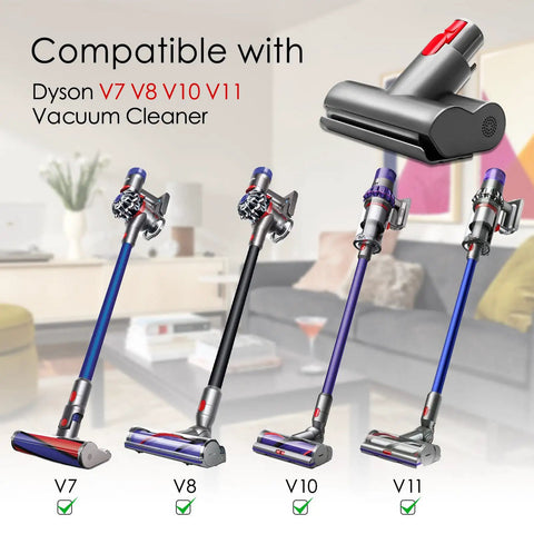Mini Motorized Vacuum Attachment For Dyson V7 V8 V10 V11 V15 Cordless Stick Vacuums displayed on sofa backdrop