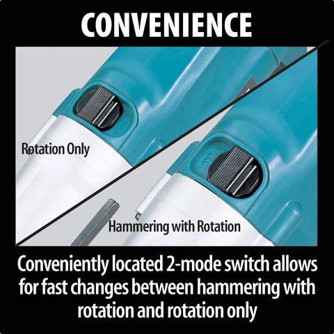 Close-up of Beefy Three Quarter Inch Hammer Drill With LED Light showing dual mode switch for rotation only or hammering.