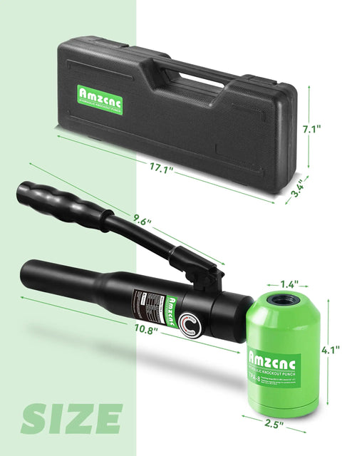 Hydraulic Knockout Punch Driver Kit 1/2 To 2 Inch Conduit Hole Cutter Set with dimensions and carry case