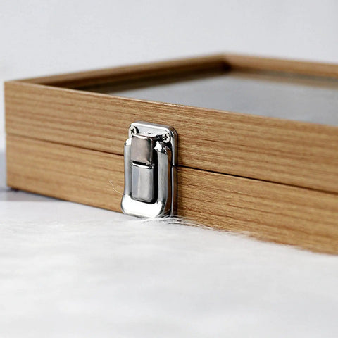 Close-up of Premium Solid Wood Stackable Jewelry Tray featuring a secure clasp and wooden finish for elegant storage.