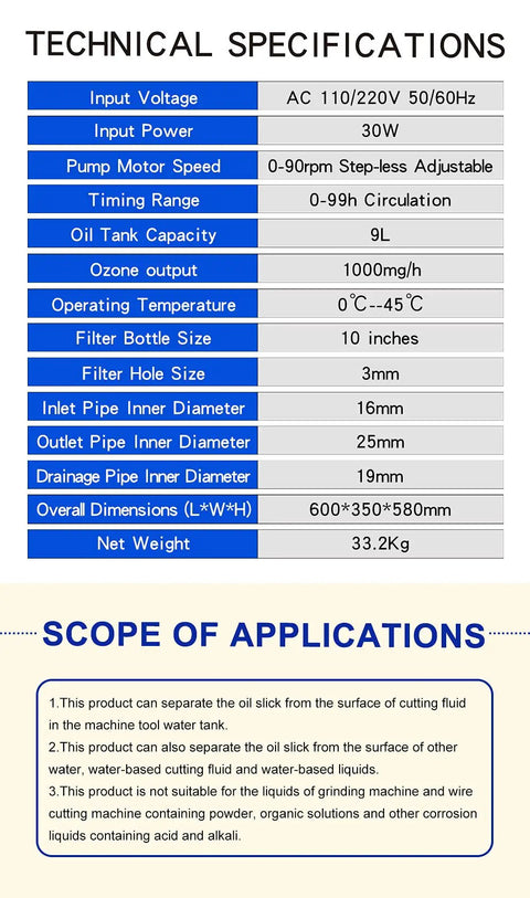 Technical specifications of Heavy Duty Shop Ready Oil And Water Separator Filter For Cnc Machines, 30W, 8L tank, 600 x 350 x 580 mm.
