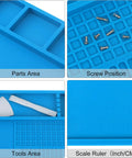 Close-up of Pro Grade Soldering Mat for Electronics Repair with 70 compartments, showing parts area, screw position, tools area, and scale ruler.