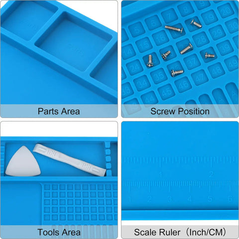 Close-up of Pro Grade Soldering Mat for Electronics Repair with 70 compartments, showing parts area, screw position, tools area, and scale ruler.