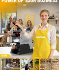 Smiling barista in yellow apron with Pro Grade Cup Sealer For Bubble Tea And Coffee in a cafe setting, promoting business use.