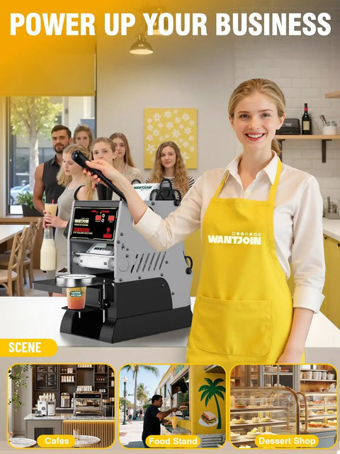 Smiling barista in yellow apron with Pro Grade Cup Sealer For Bubble Tea And Coffee in a cafe setting, promoting business use.
