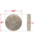 Three-Eighths Inch Round Mini Self-Stick Furniture Felt Pads dimensions with front and side view showing 3/8 inch diameter.