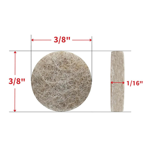 Three-Eighths Inch Round Mini Self-Stick Furniture Felt Pads dimensions with front and side view showing 3/8 inch diameter.