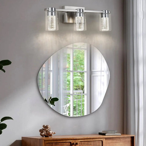 Three Light Brushed Nickel Vanity Light With Crystal Glass Shade 3000K 4000K 6000K Color Temperature Eye Protection LED Wall Sconce