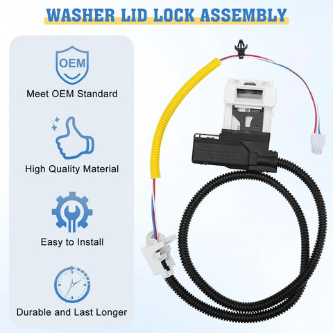 Washer Lid Lock Switch Replacement For Amana, Whirlpool, Kenmore, Maytag, Crosley Machines 110 200 500 Series Easy Install OEM Fit W10838613 W11253733 PS12704713 AP6832601, white switch with wiring